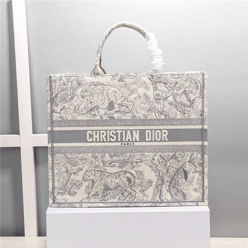 LARGE Dior BOOK TOTE Toile de Jouy Reverse Embroidery Grey High