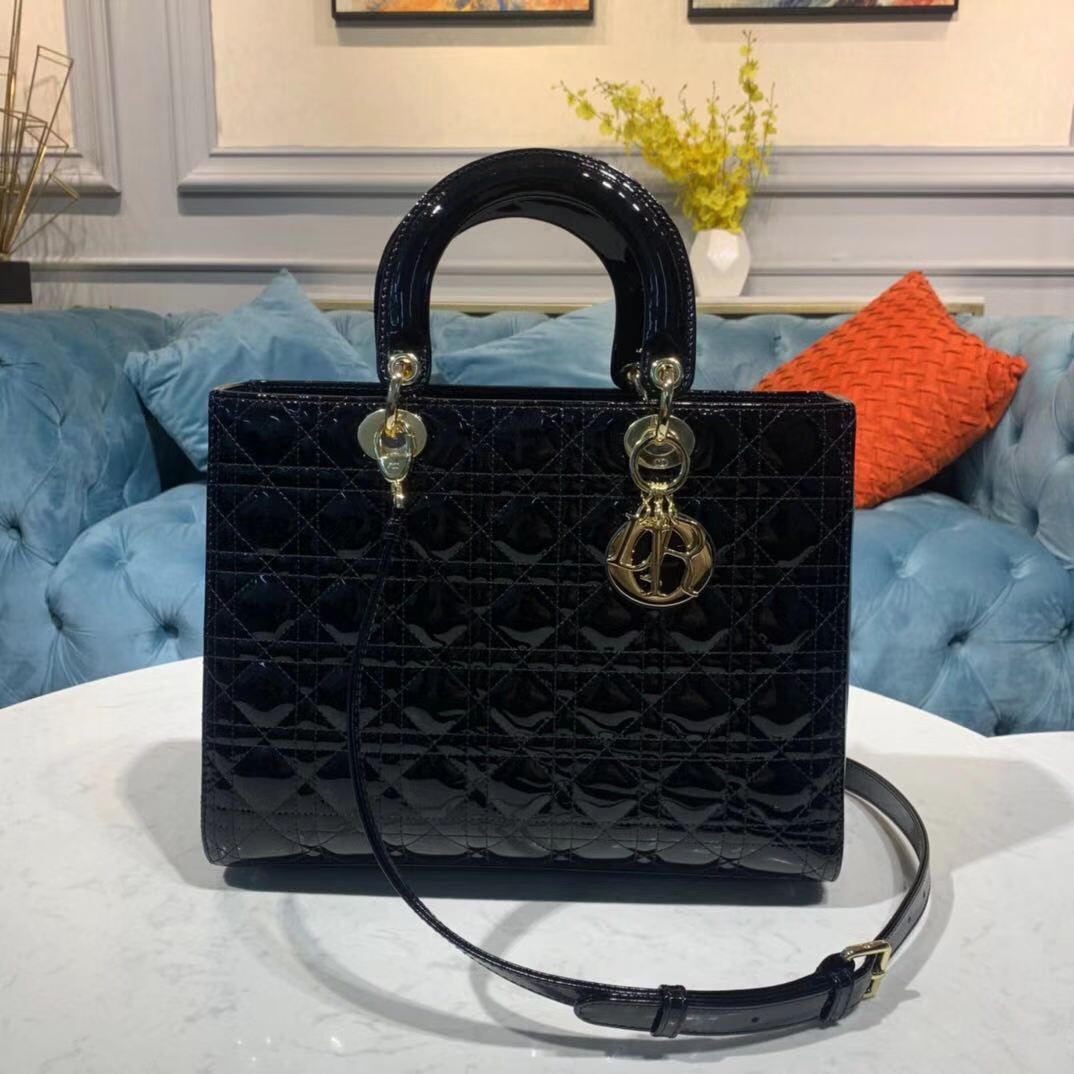 LARGE LADY Dior BAG Patent Cannage Calfskin Black High