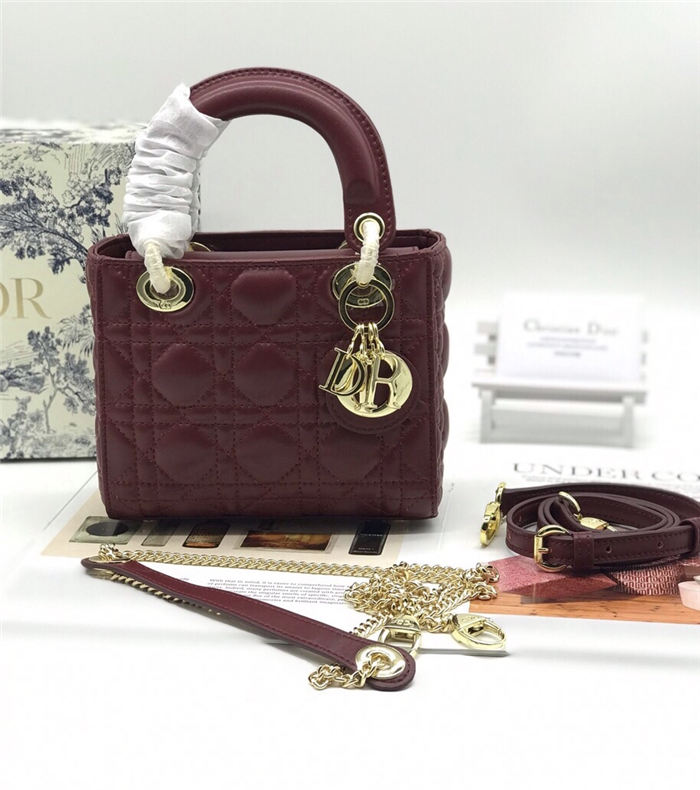 MINI LADY Dior BAG Burgundy Cannage Lambskin Gold Hardware mid