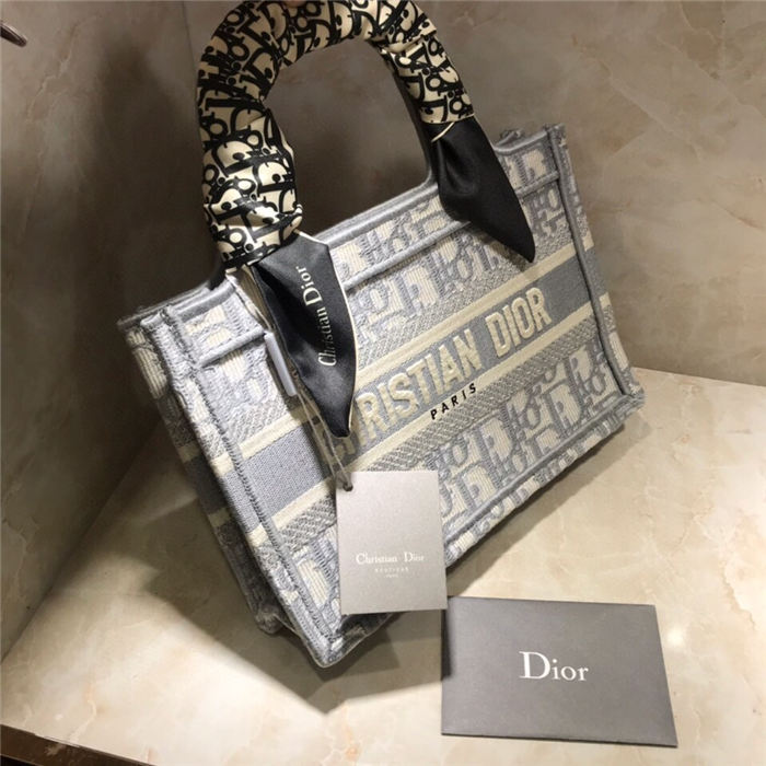 MINI Dior BOOK TOTE Gray Dior Oblique Embroidery mid