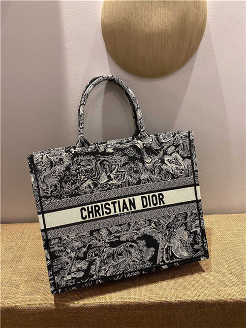 LARGE Dior BOOK TOTE Toile de Jouy Reverse Embroidery Black Mid