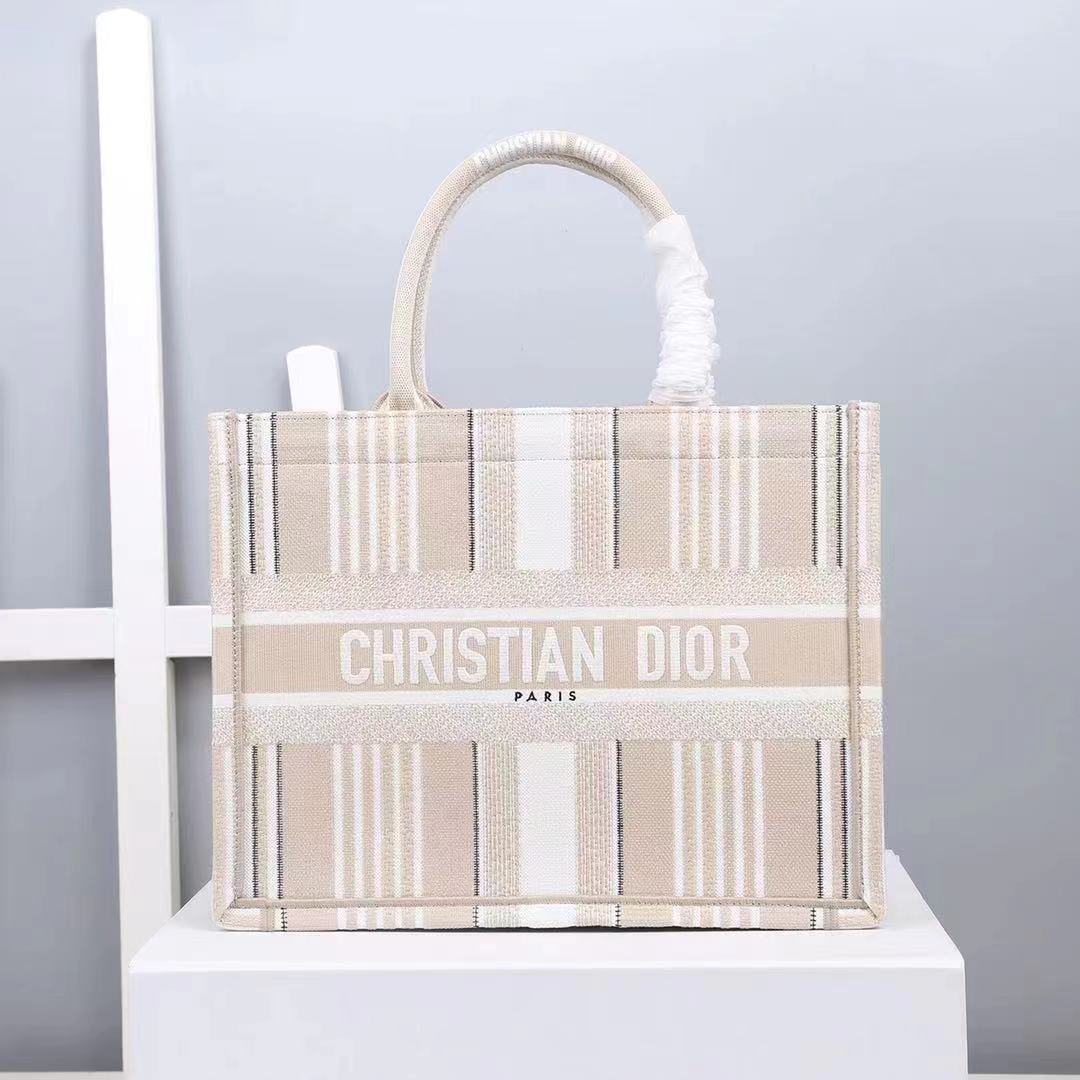 MEDIUM Dior BOOK TOTE Stripes Embroidery Beige High