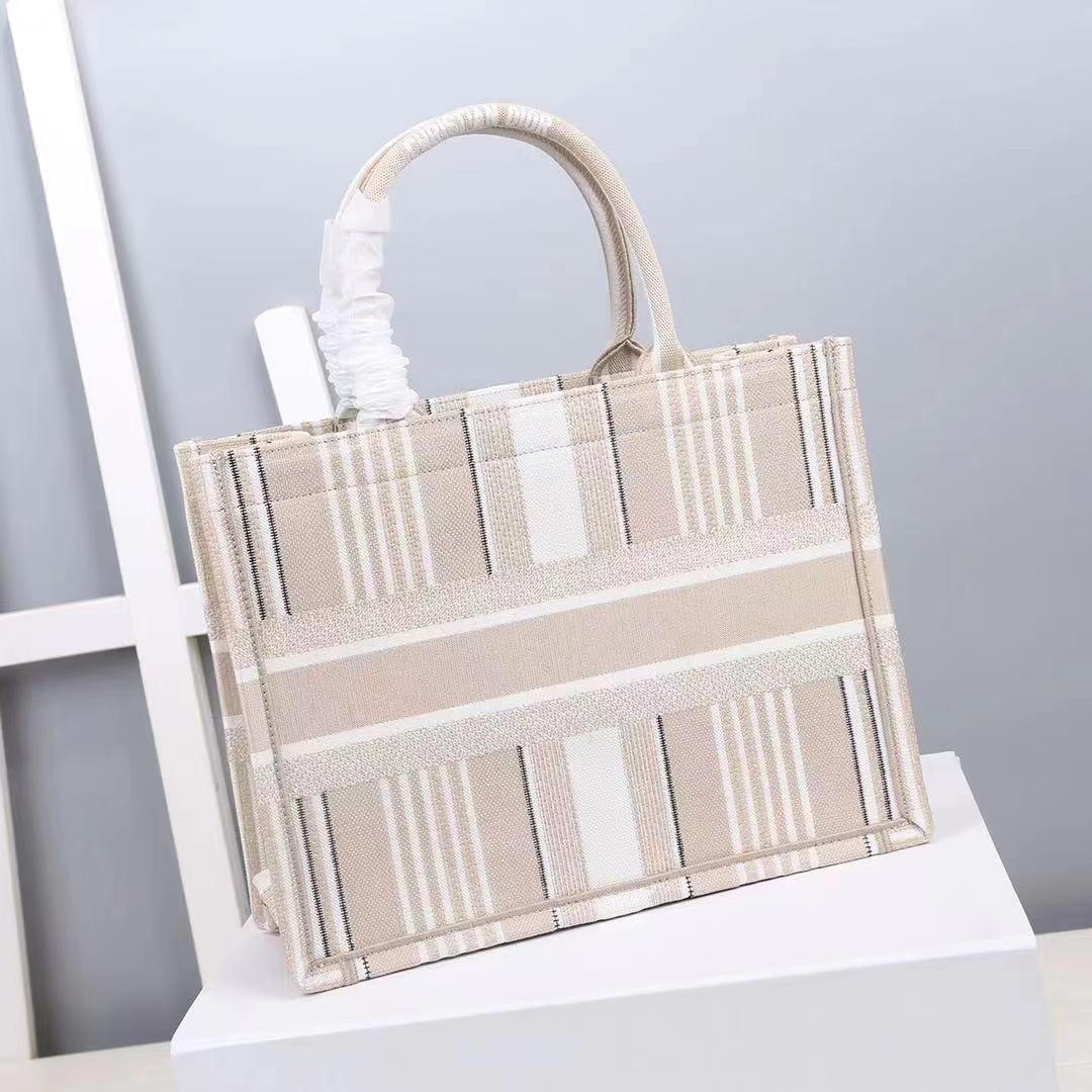 MEDIUM Dior BOOK TOTE Stripes Embroidery Beige High