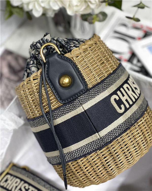 Dior WICKER BUCKET BAG Blue Dior Oblique Jacquard and Natural Wicker High