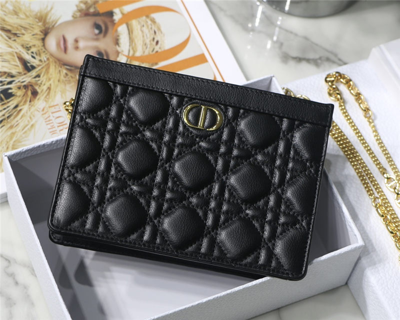 Dior CARO ZIPPED POUCH WITH CHAIN Supple Cannage Calfskin Black High