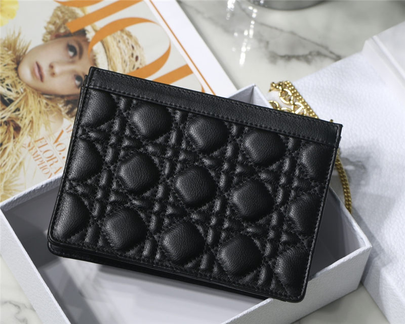 Dior CARO ZIPPED POUCH WITH CHAIN Supple Cannage Calfskin Black High