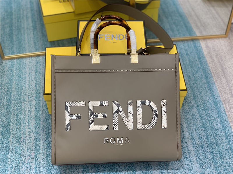 MEDIUM Fendi SUNSHINE Leather & Elaphe Shopper Grey High