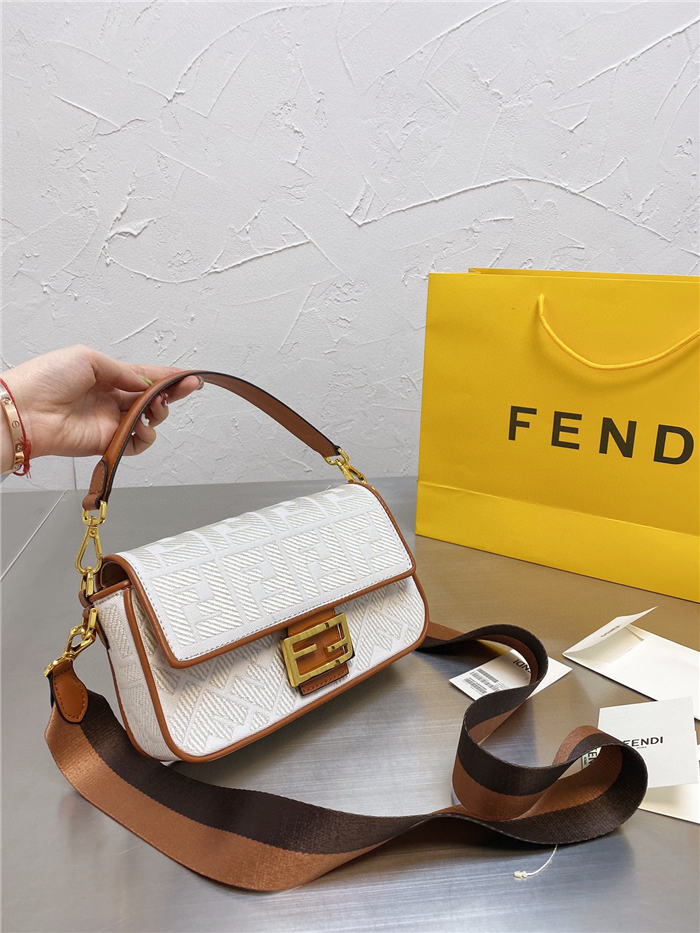 Fendi BAGUETTE Embroidered canvas bag Off-white Mid