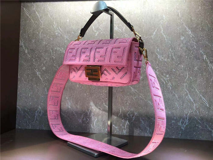 Fendi BAGUETTE Canvas Bag Embroidered Pink Mid