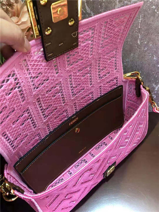 Fendi BAGUETTE Canvas Bag Embroidered Pink Mid