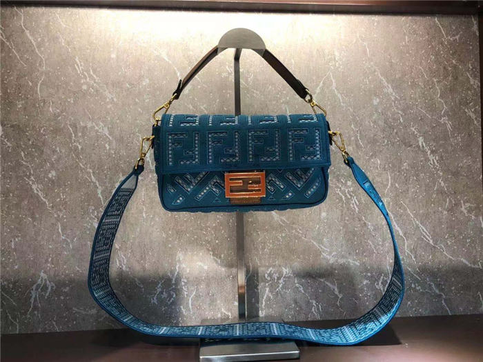 Fendi BAGUETTE Canvas Bag Embroidered Blue Mid