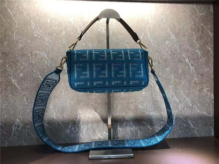 Fendi BAGUETTE Canvas Bag Embroidered Blue Mid