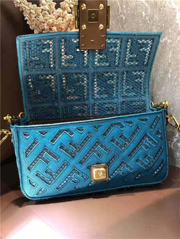 Fendi BAGUETTE Canvas Bag Embroidered Blue Mid