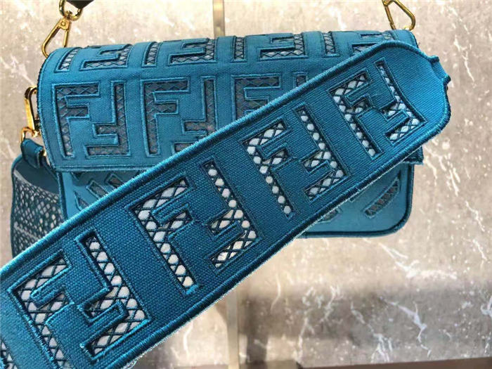 Fendi BAGUETTE Canvas Bag Embroidered Blue Mid