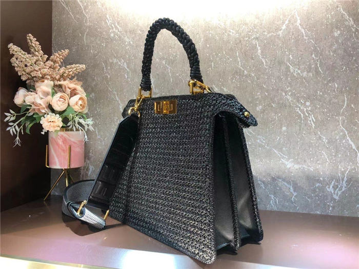 Fendi PEEKABOO ISEEU MEDIUM Woven straw bag Black Mid