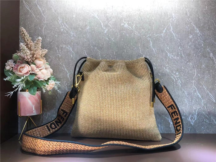 Fendi PACK SMALL POUCH Raffia Camel Mid