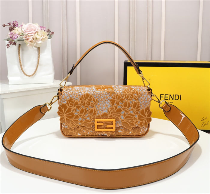 Fendi BAGUETTE Embroidered Patent Camel Mid