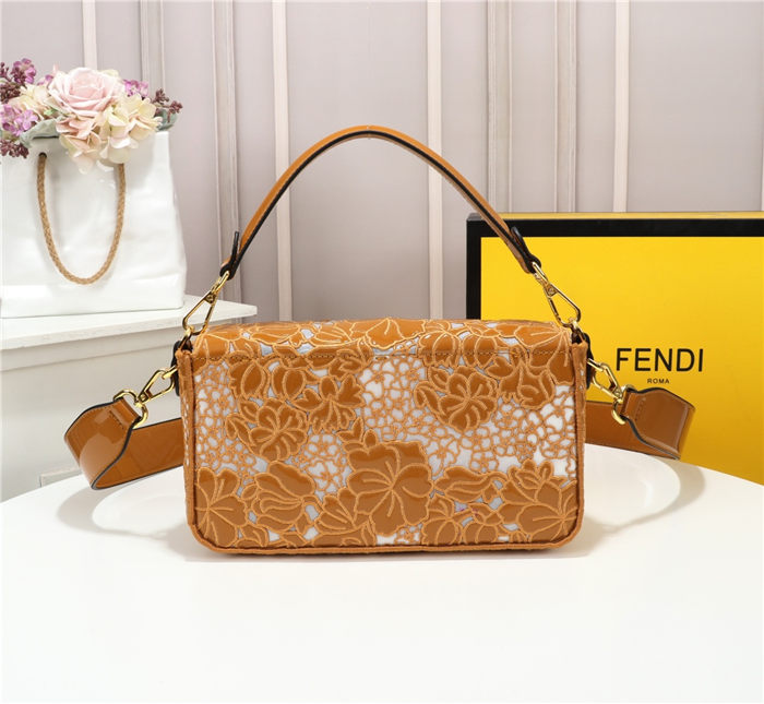 Fendi BAGUETTE Embroidered Patent Camel Mid