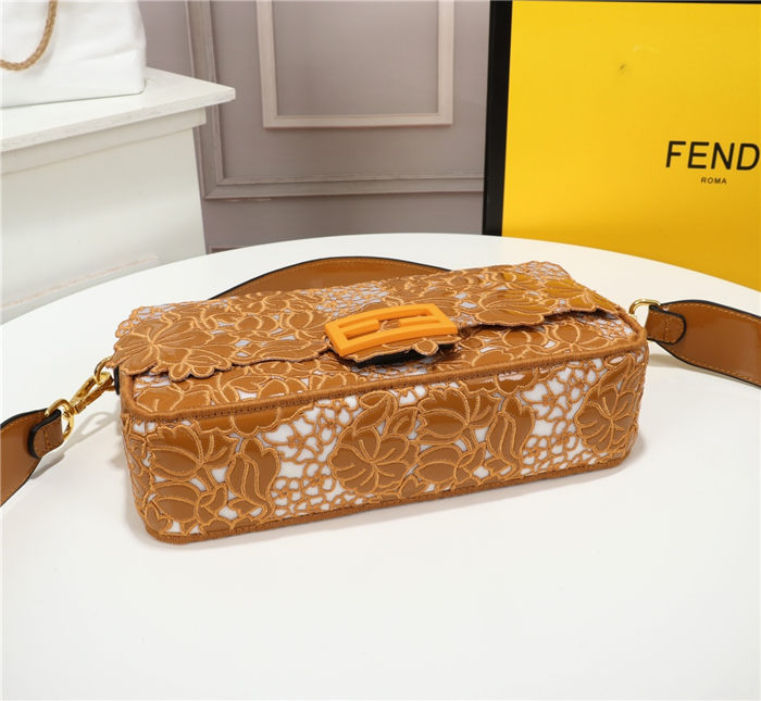 Fendi BAGUETTE Embroidered Patent Camel Mid