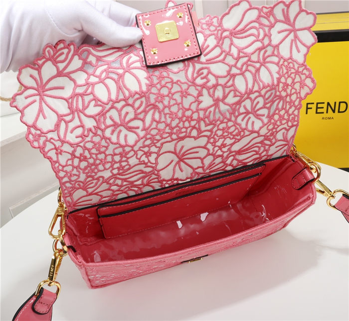 Fendi BAGUETTE Embroidered Patent Pink Mid