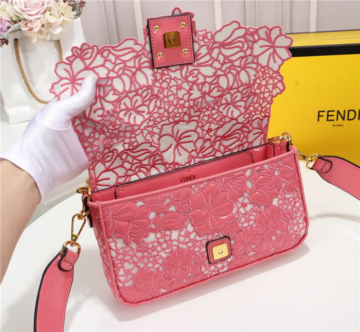 Fendi BAGUETTE Embroidered Patent Pink Mid