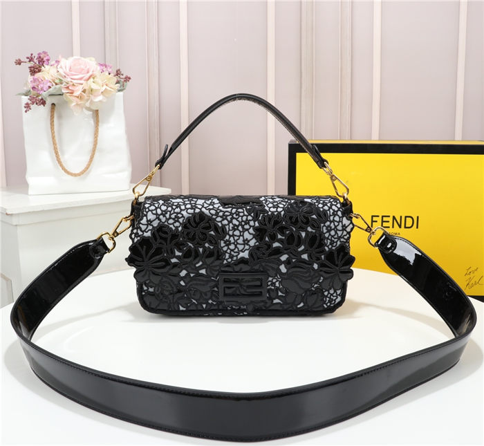 Fendi BAGUETTE Embroidered Patent Black Mid