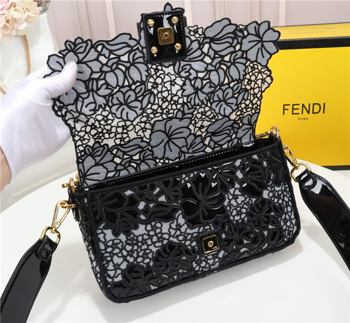 Fendi BAGUETTE Embroidered Patent Black Mid