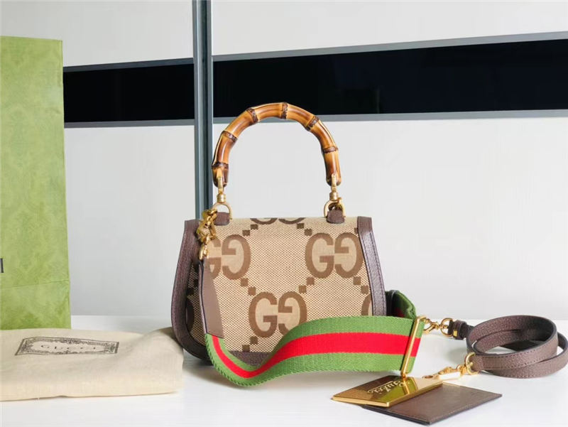 Gucci Bamboo 1947 jumbo GG small top handle bag Camel and ebony jumbo GG canvas 675797 High