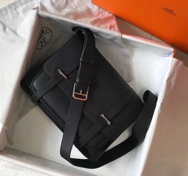 Hermes Steve 35 Messenger Bag In Black Clemence Calfskin High