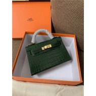 Hermes Kelly Mini II Bag Embossed Crocodile Leather WAX Silver/Gold Metal High