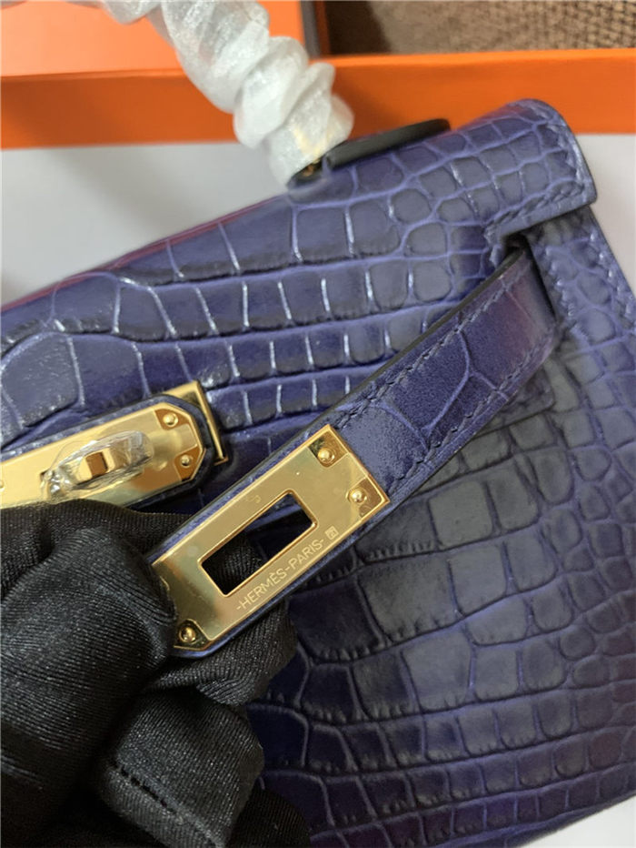 Hermes Kelly Mini II Bag Embossed Crocodile Leather WAX Silver/Gold Metal High