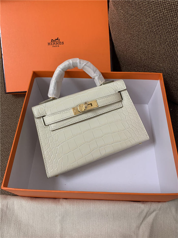 Hermes Kelly Mini II Bag Embossed Crocodile Leather WAX Silver/Gold Metal High