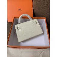 Hermes Kelly Mini II Bag Embossed Crocodile Leather WAX Silver/Gold Metal High