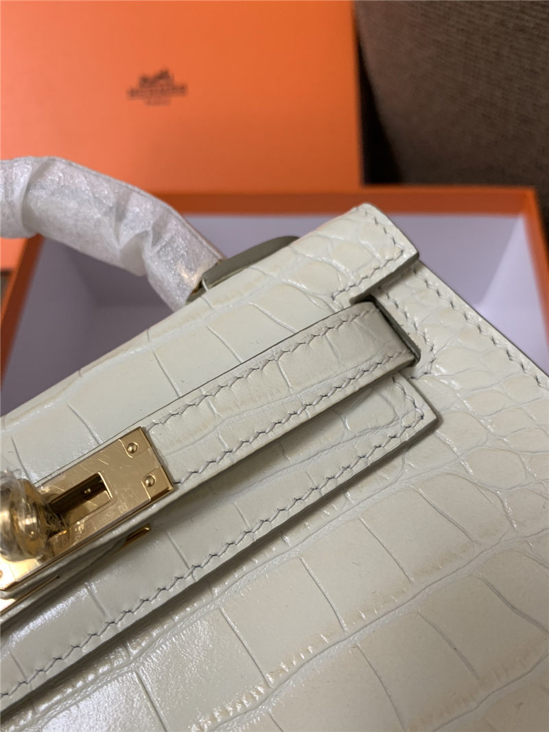 Hermes Kelly Mini II Bag Embossed Crocodile Leather WAX Silver/Gold Metal High