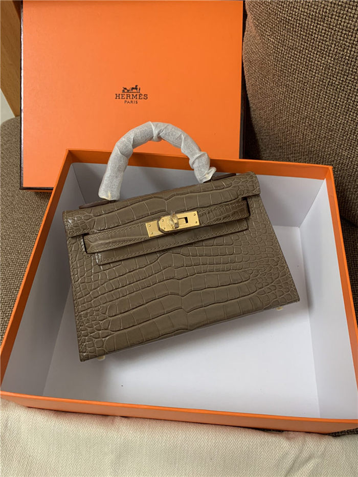 Hermes Kelly Mini II Bag Embossed Crocodile Leather WAX Silver/Gold Metal High