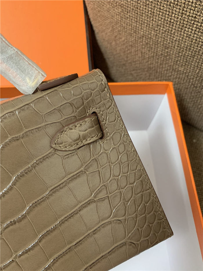 Hermes Kelly Mini II Bag Embossed Crocodile Leather WAX Silver/Gold Metal High