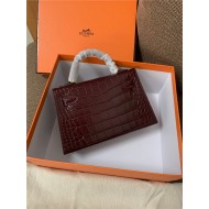 Hermes Kelly Mini II Bag Embossed Crocodile Leather WAX Silver/Gold Metal High