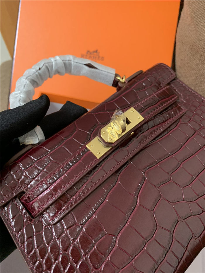 Hermes Kelly Mini II Bag Embossed Crocodile Leather WAX Silver/Gold Metal High