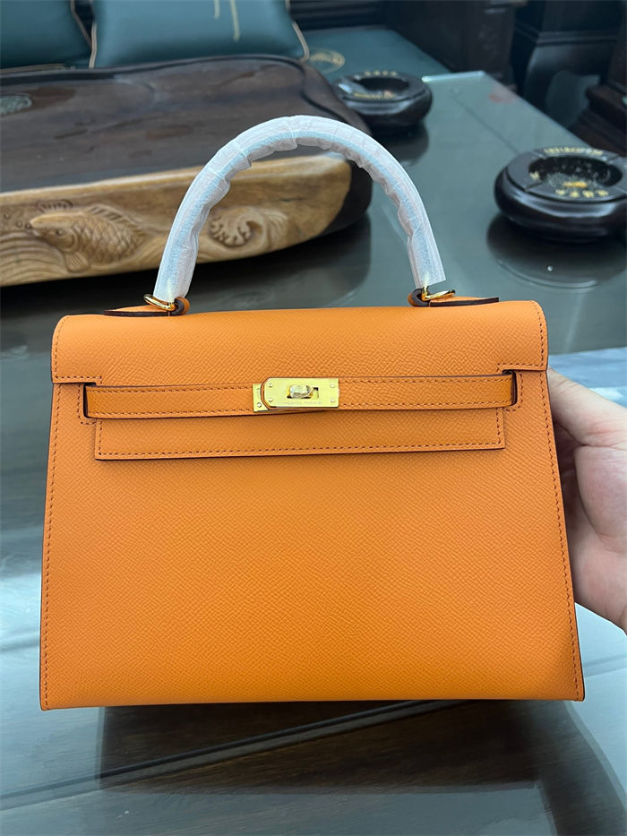 Hermes Kelly 25/28cm Sellier Bag Epsom Leather Silver/Gold Metal In Orange High