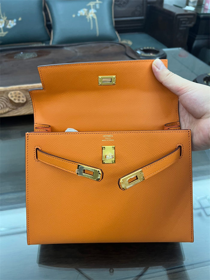 Hermes Kelly 25/28cm Sellier Bag Epsom Leather Silver/Gold Metal In Orange High