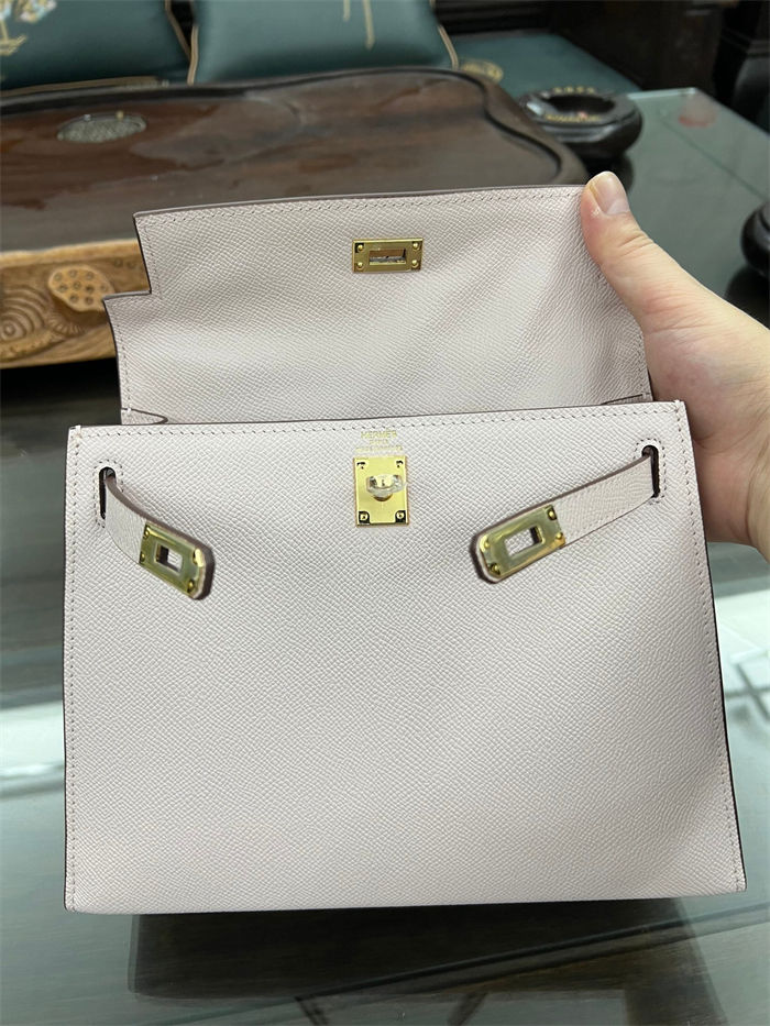 Hermes Kelly 25/28cm Sellier Bag Epsom Leather Silver/Gold Metal In Rose Sheherazade High