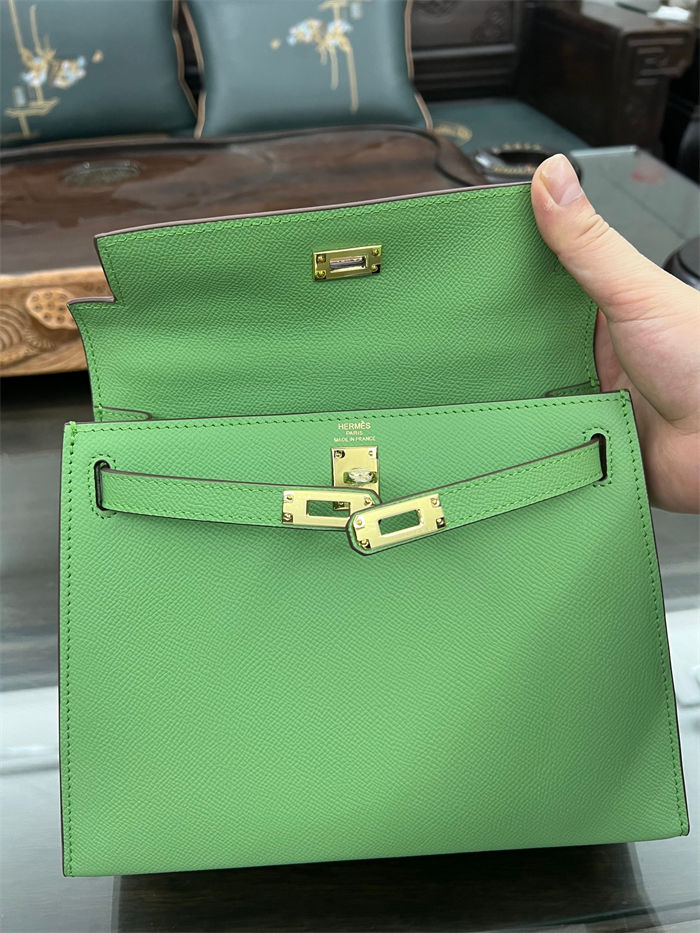 Hermes Kelly 25/28cm Sellier Bag Epsom Leather Silver/Gold Metal In Vert Criquet High