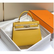 Hermes Kelly 25/28cm Sellier Bag Epsom Leather Silver/Gold Metal In Jaune Ambre High