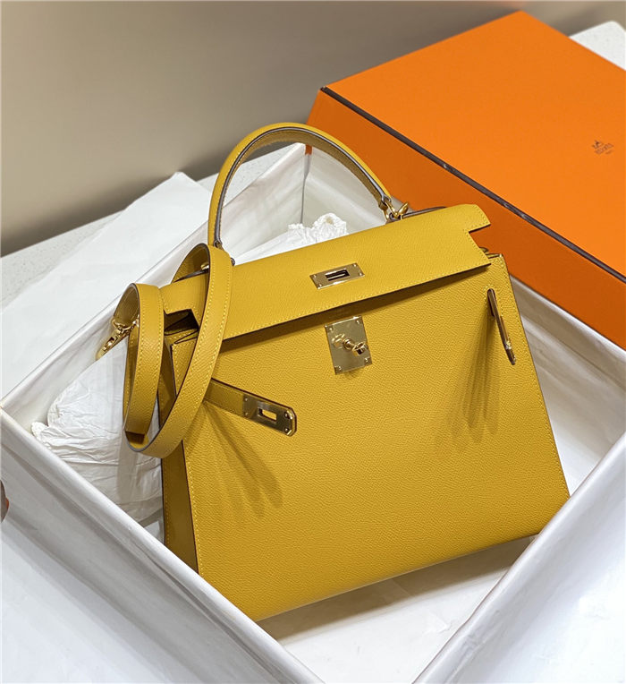 Hermes Kelly 25/28cm Sellier Bag Epsom Leather Silver/Gold Metal In Jaune Ambre High