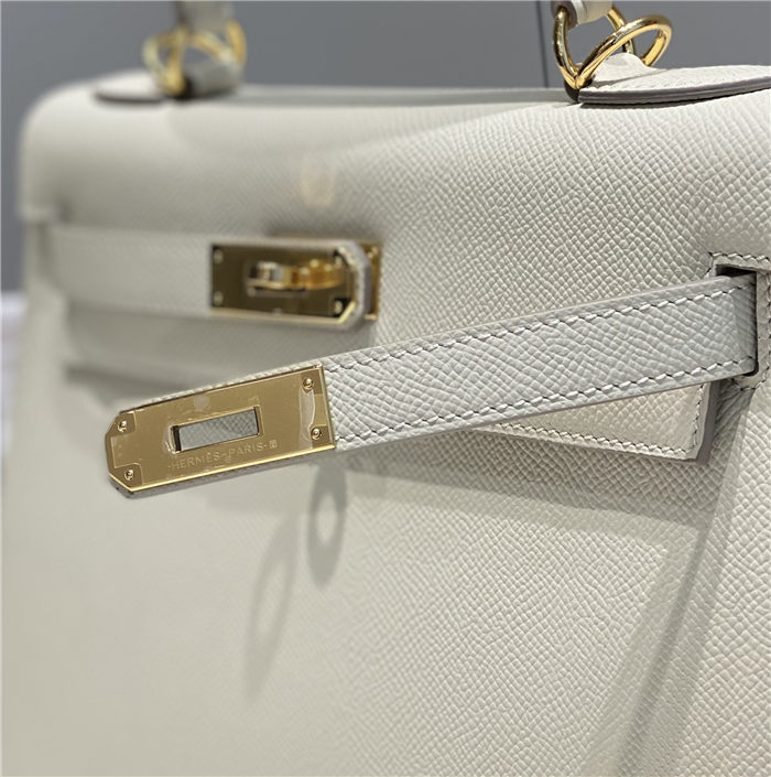 Hermes Kelly 25/28cm Sellier Bag Epsom Leather Silver/Gold Metal In Craie High