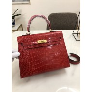 Hermes Kelly 25cm Sellier Bag Embossed Crocodile Leather In Red High