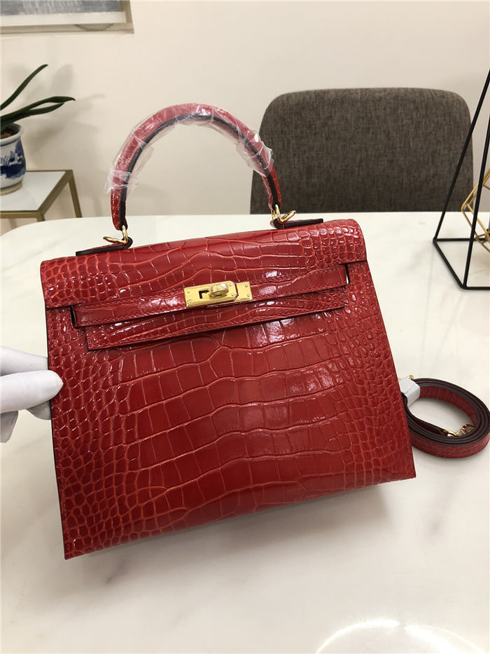 Hermes Kelly 25cm Sellier Bag Embossed Crocodile Leather In Red High