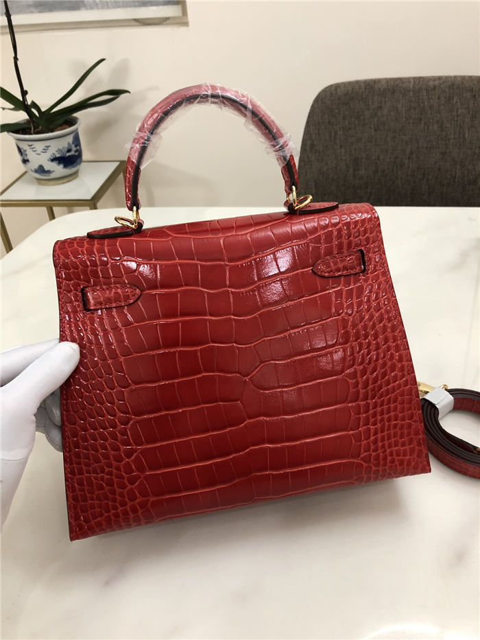 Hermes Kelly 25cm Sellier Bag Embossed Crocodile Leather In Red High