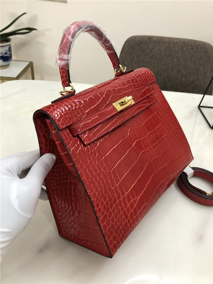 Hermes Kelly 25cm Sellier Bag Embossed Crocodile Leather In Red High