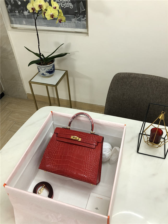 Hermes Kelly 25cm Sellier Bag Embossed Crocodile Leather In Red High